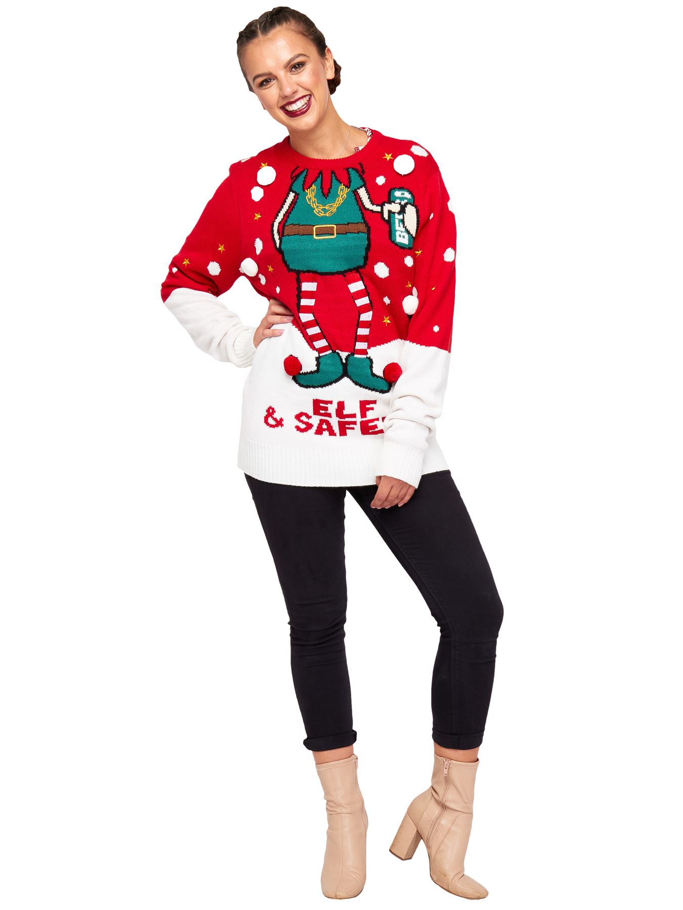 Unisex Christmas Jumper Elf Safety 3d Graphic Trims Women Knitted Party Sweater