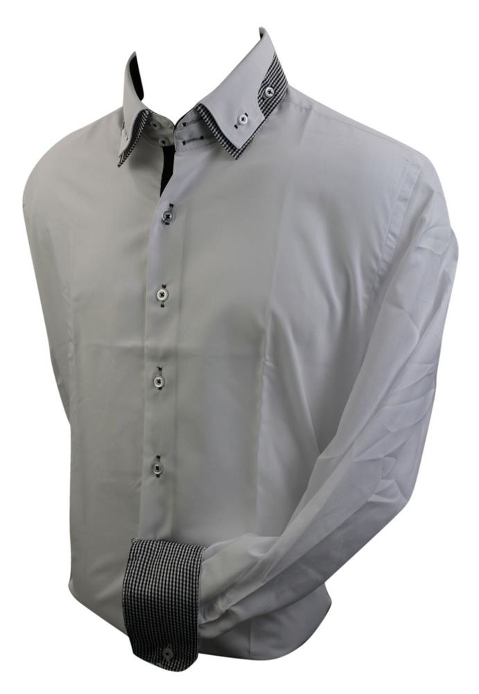Mens Italian French Button Collar Shirt Check Trim Pink Navy White Smart Casual