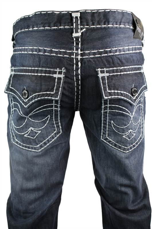 Mens Blue Stitch Work Washed Funky Pocket Jeans Straight Cut Smart Casual
