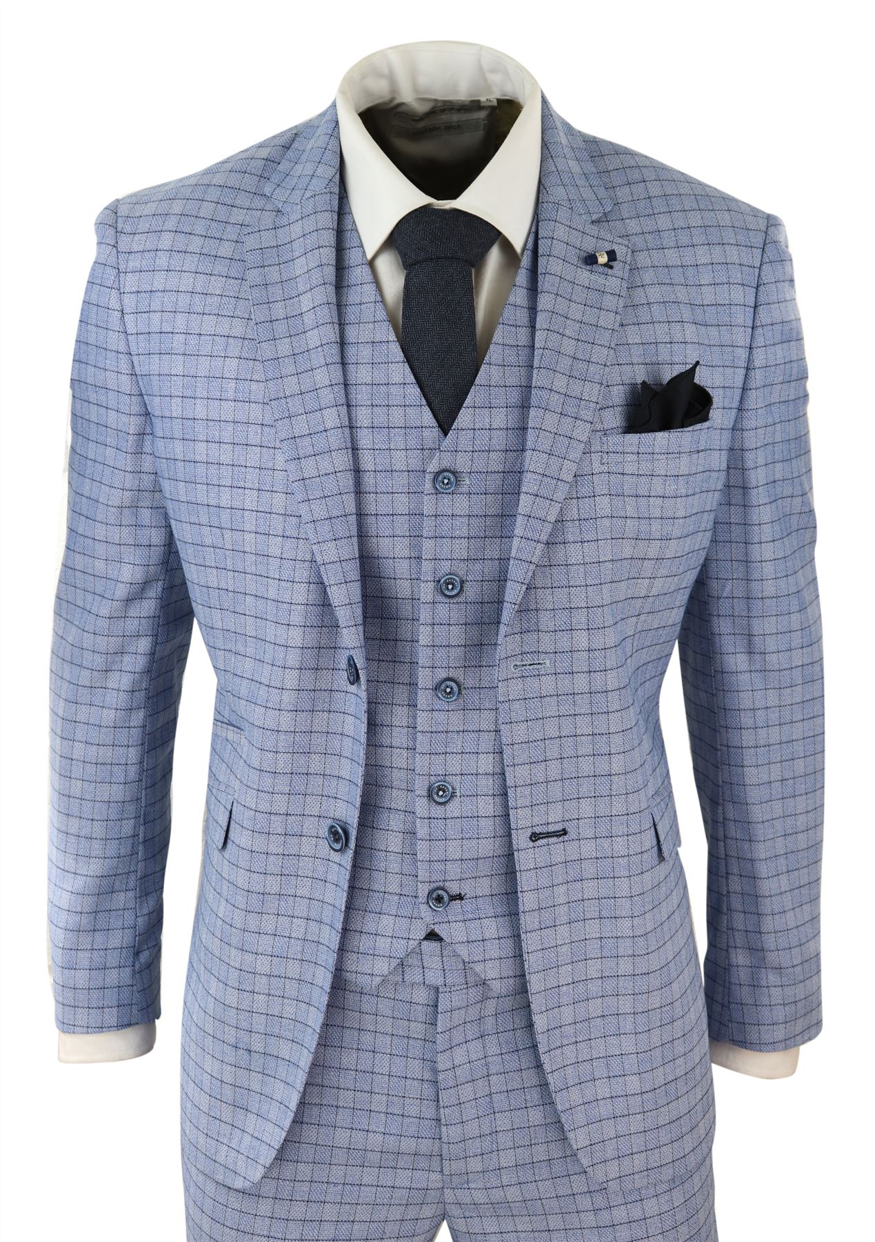 Herrenanzug 3 Teilig Blau Himmelblau Tweed Fischgräte Design Klassisch