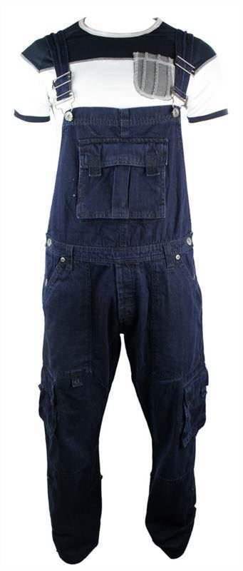 Mens Dungarees Jeans Combat Pockets Navy Dark Blue Turn Up