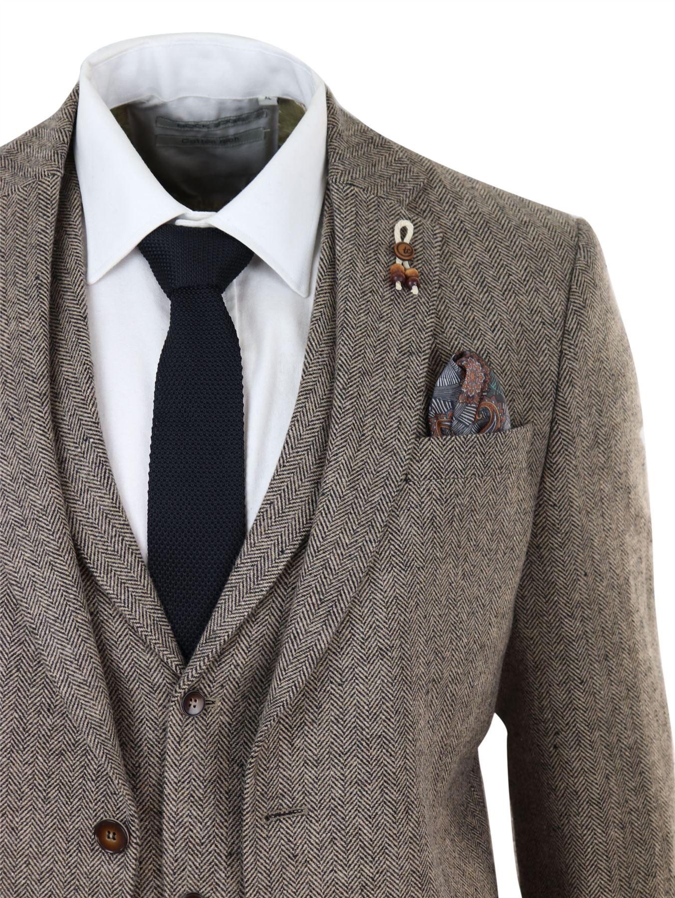 Mens 3 Piece Tweed Suit Herringbone Wool Vintage Retro Peaky Blinders 1920s