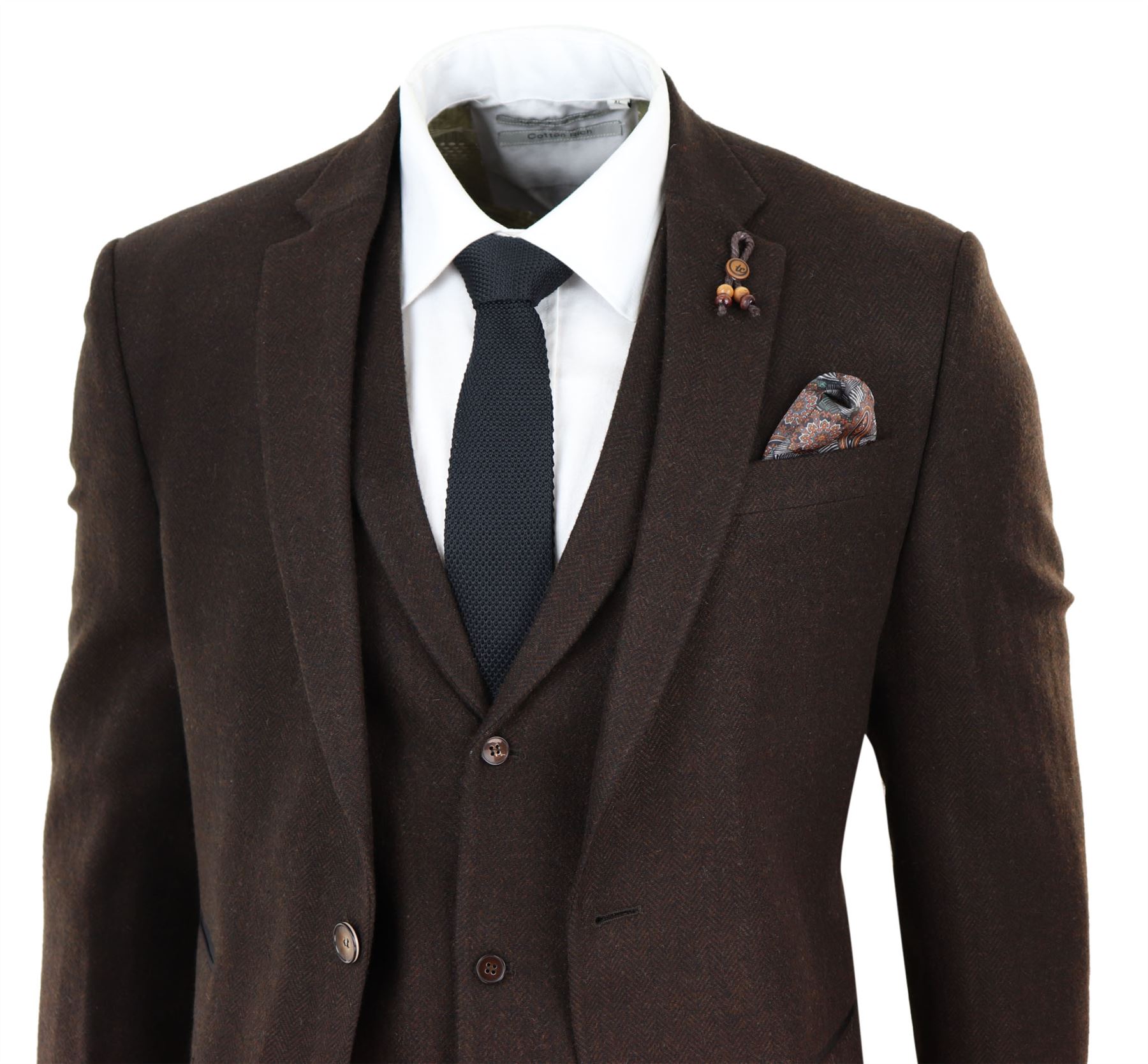 Mens 3 Piece Tweed Suit Herringbone Wool Vintage Retro Peaky Blinders 1920s