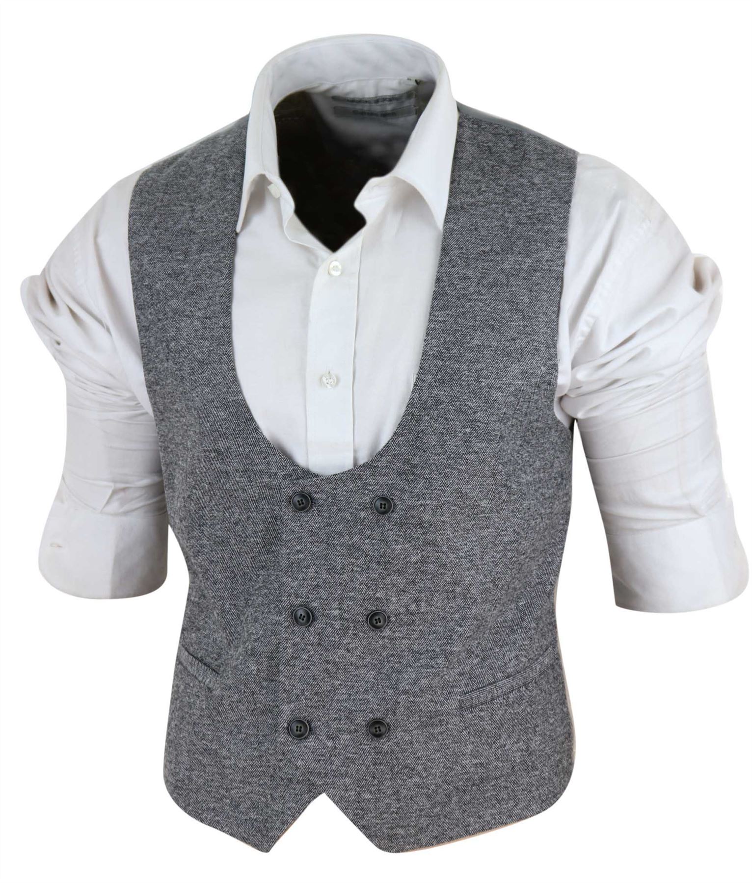 Mens Waistcoat Herringbone Double Breasted Tweed Slim Fit Peaky Blinders Gilet