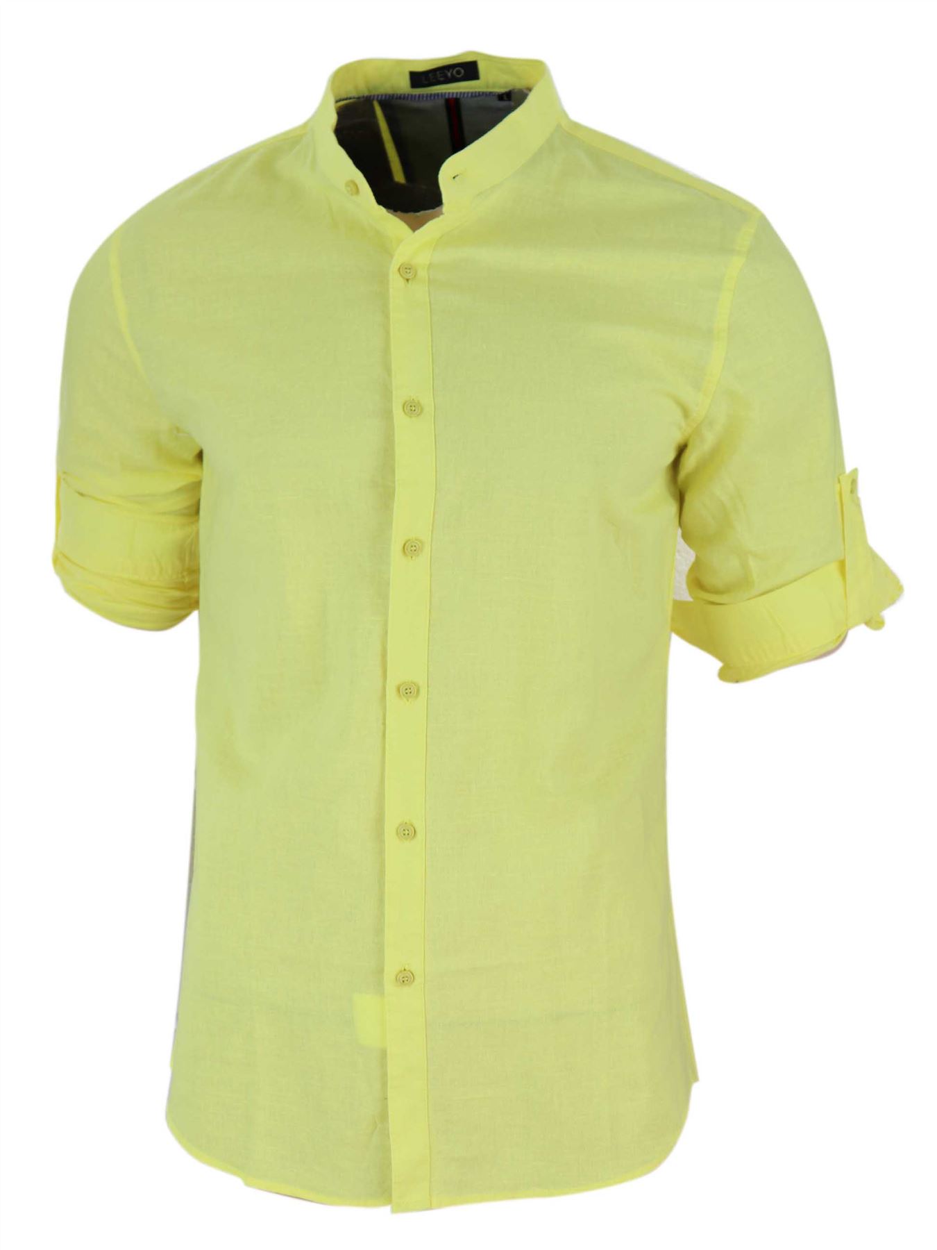 Da Uomo Lino Cotone Nehru Grandad Colletto Alzare Camicia Estate Smart Casual