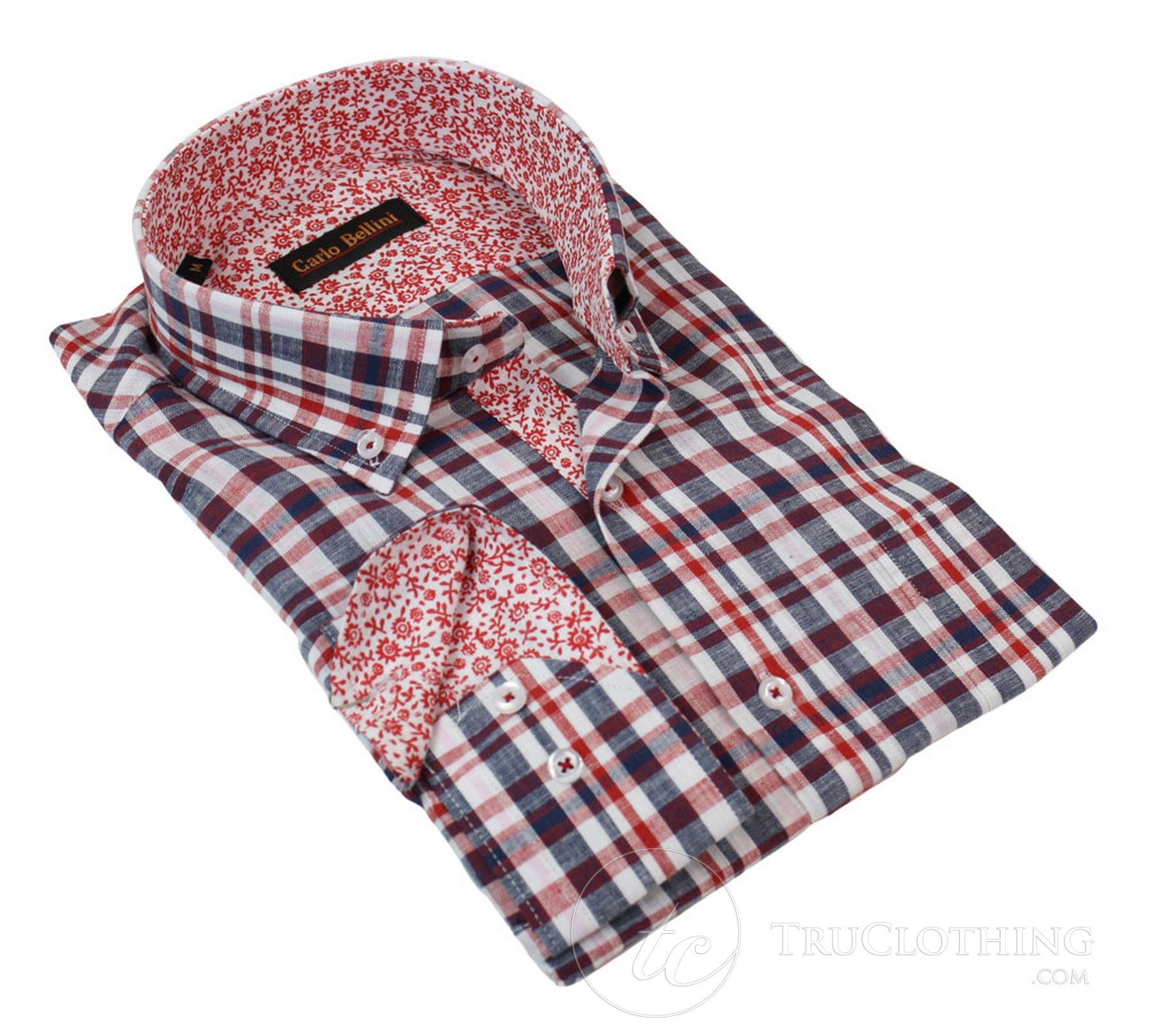 Mens Linen Button Collar Shirt Smart Casual Check Checked Yellow Red Navy White