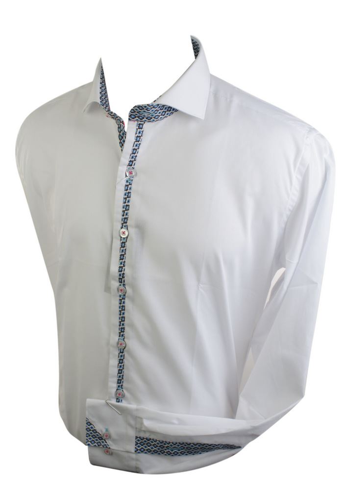 Da UOMO ITALIANO COLLO FRANCESE calzata su misura Camicia Blu Bianco modello Trim smart cas
