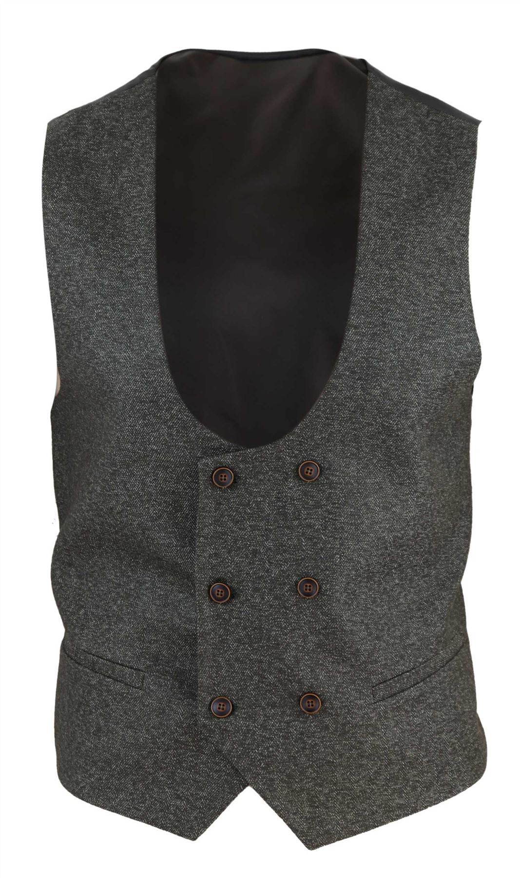 Mens Waistcoat Herringbone Double Breasted Tweed Slim Fit Peaky Blinders Gilet