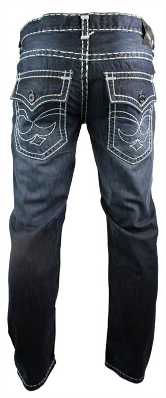 Mens Blue Stitch Work Washed Funky Pocket Jeans Straight Cut Smart Casual