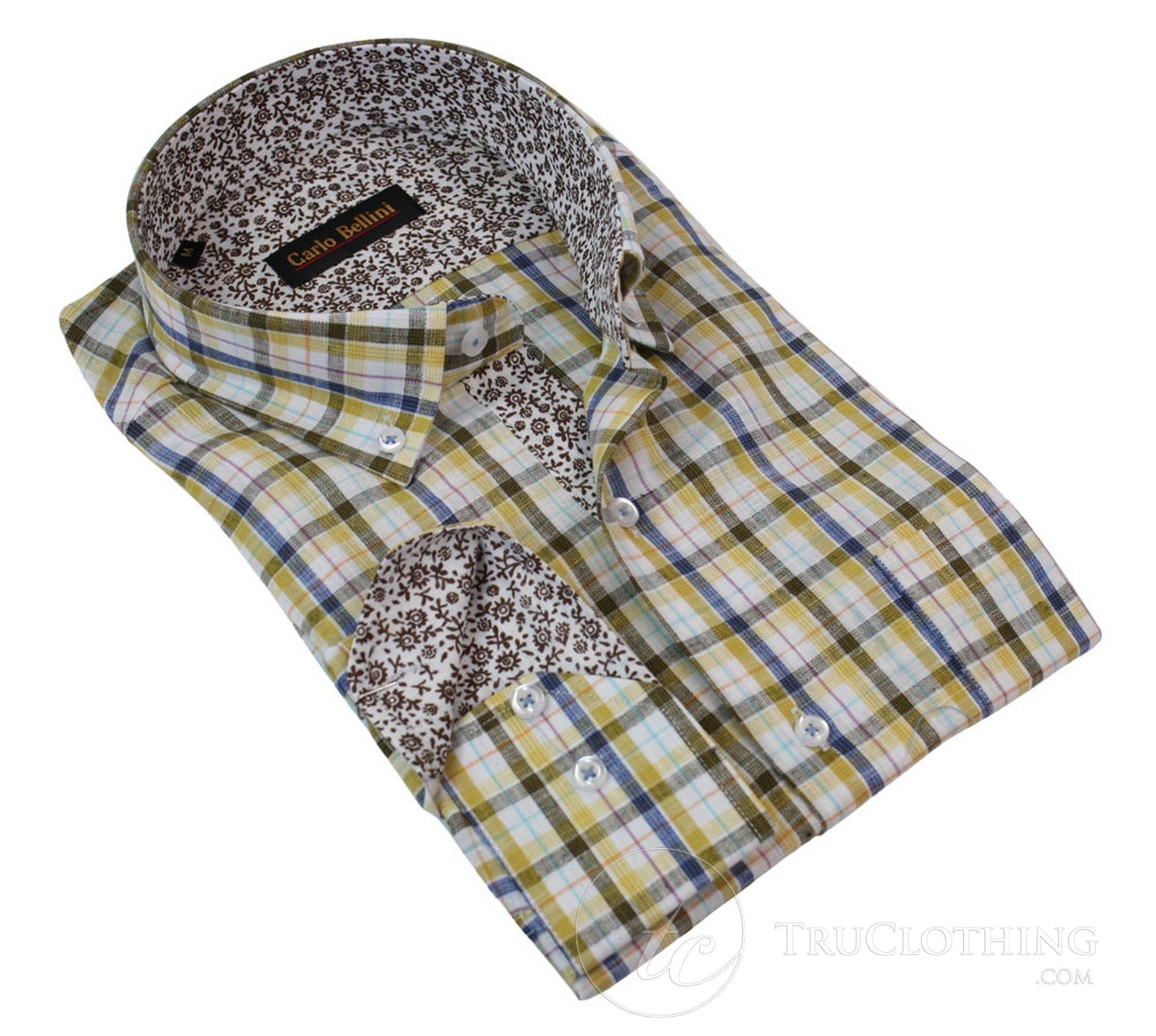 Mens Linen Button Collar Shirt Smart Casual Check Checked Yellow Red Navy White