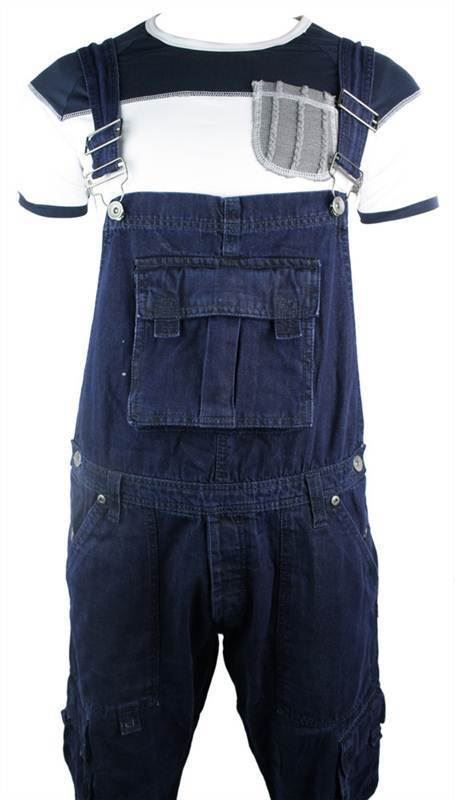 Mens Dungarees Jeans Combat Pockets Navy Dark Blue Turn Up
