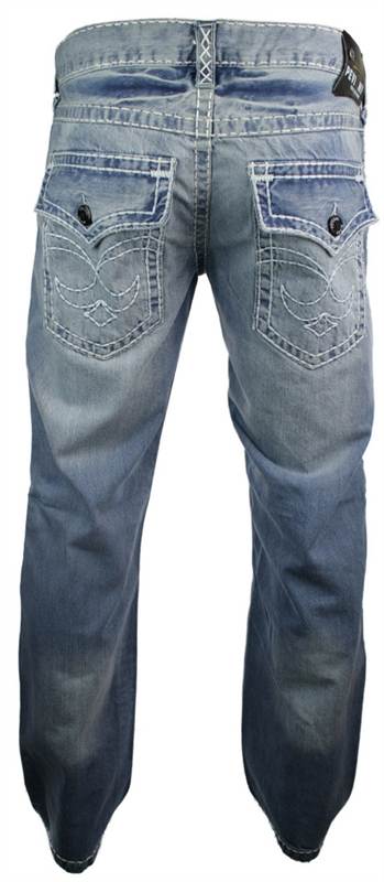 Mens Blue Stitch Work Washed Funky Pocket Jeans Straight Cut Smart Casual