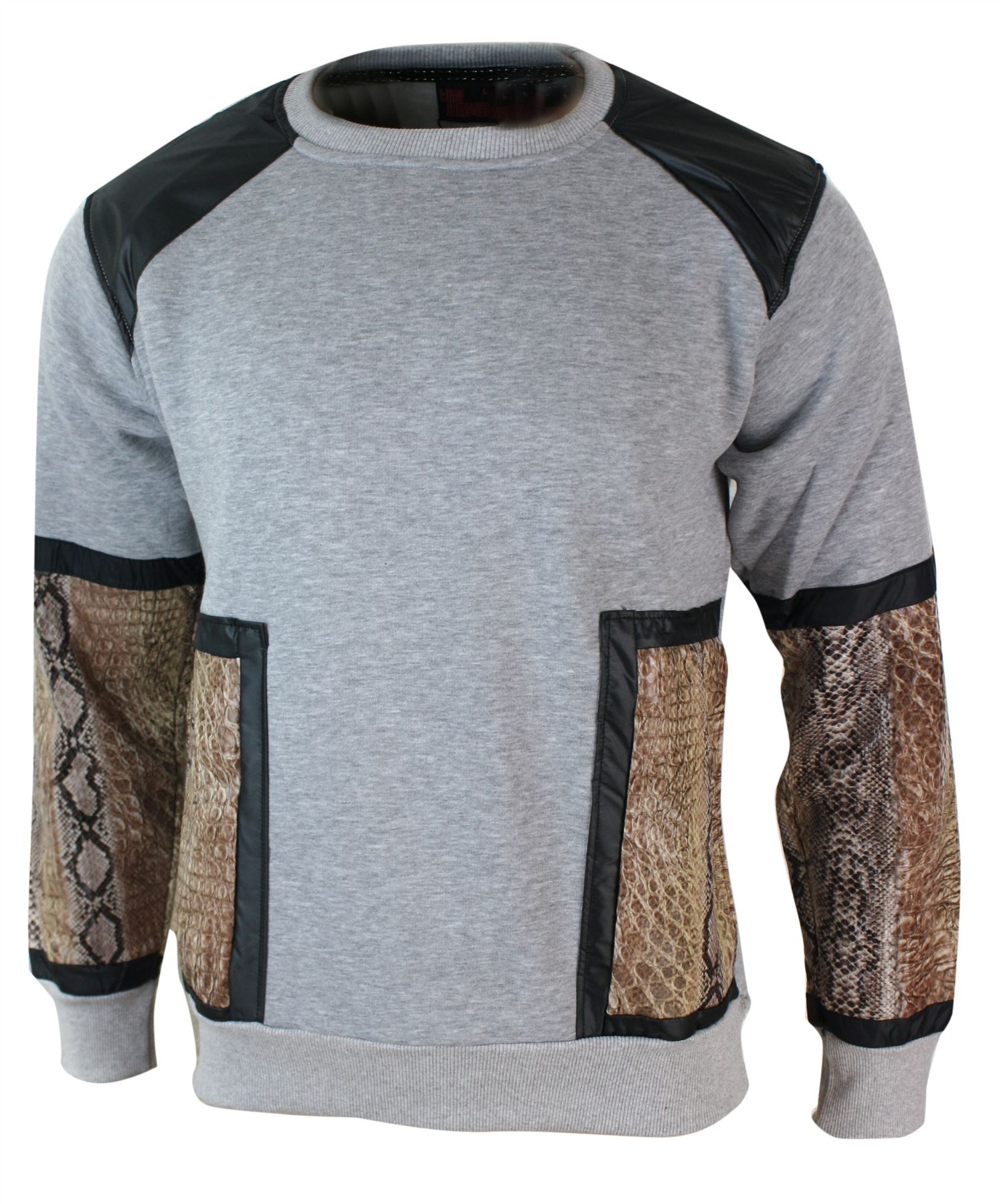 Da Uomo Nero Grigio Maglione Maglione Top PU Pelle di Serpente Pelle Patch Street Urban