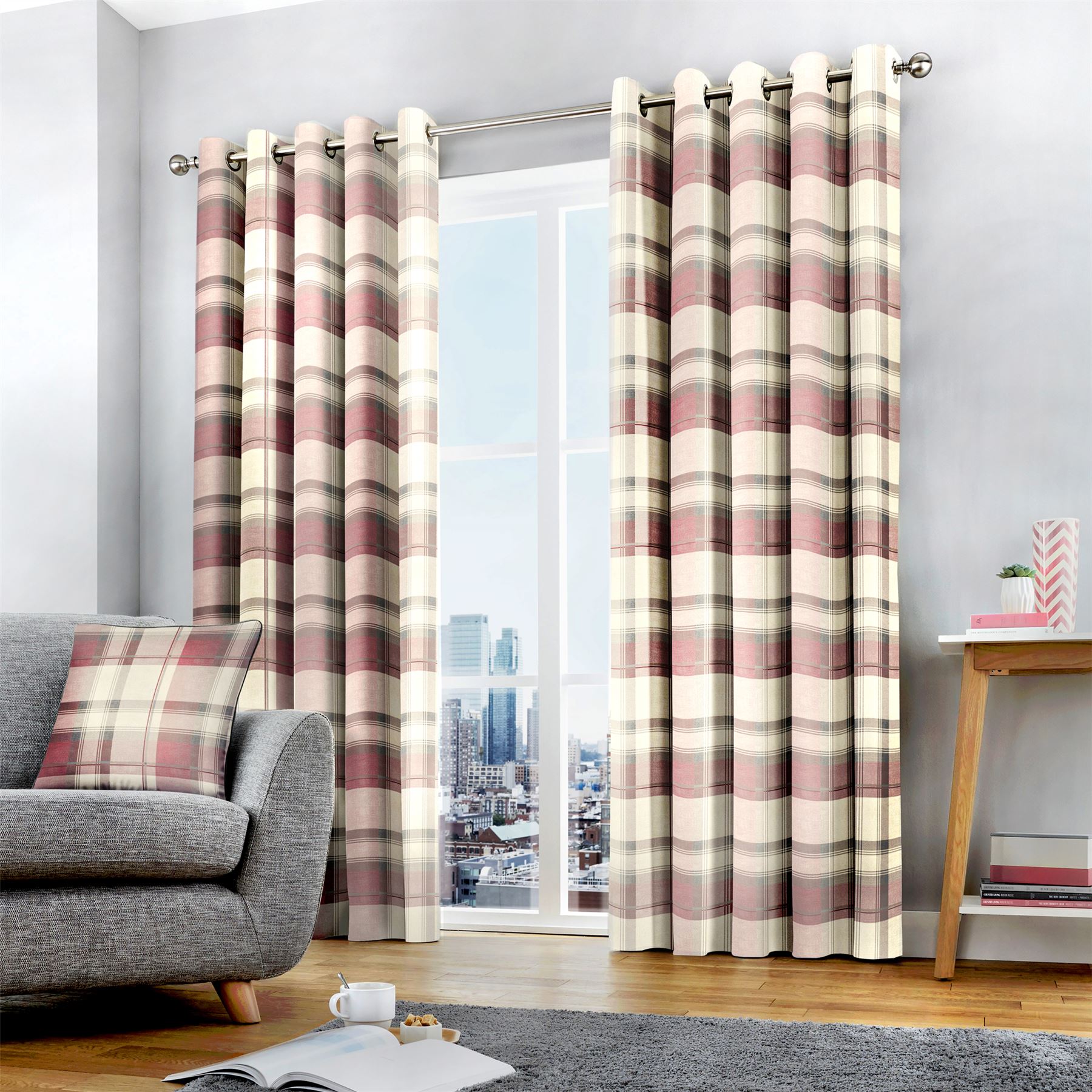 7 Tailles * Plaid Carreaux Rose Blush Gris Crème Coton Entièrement Doublé Rideaux à anneaux