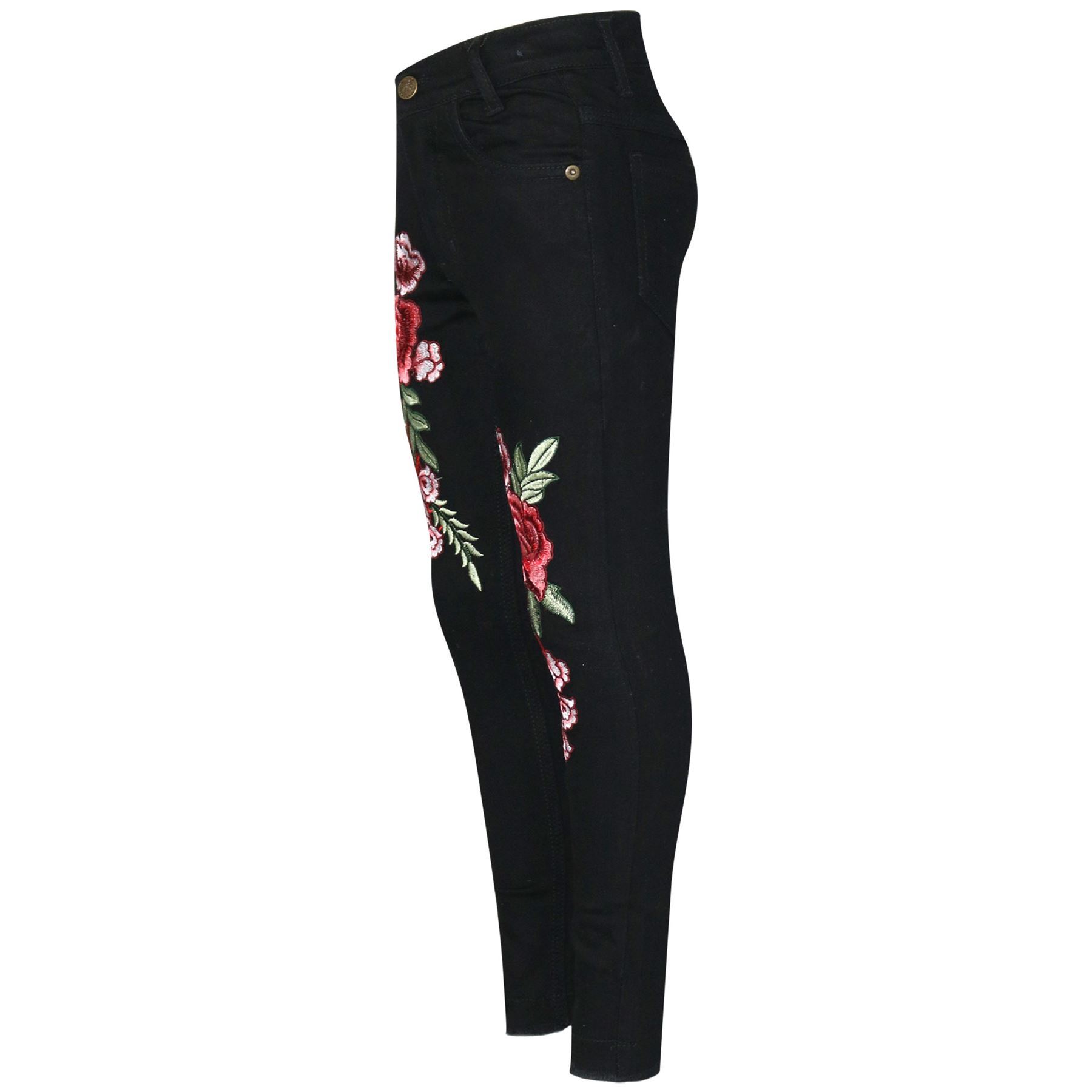 Kids Girls Stretchy Jeans Roses Embroidered Black Denim Pants Trousers Jeggings