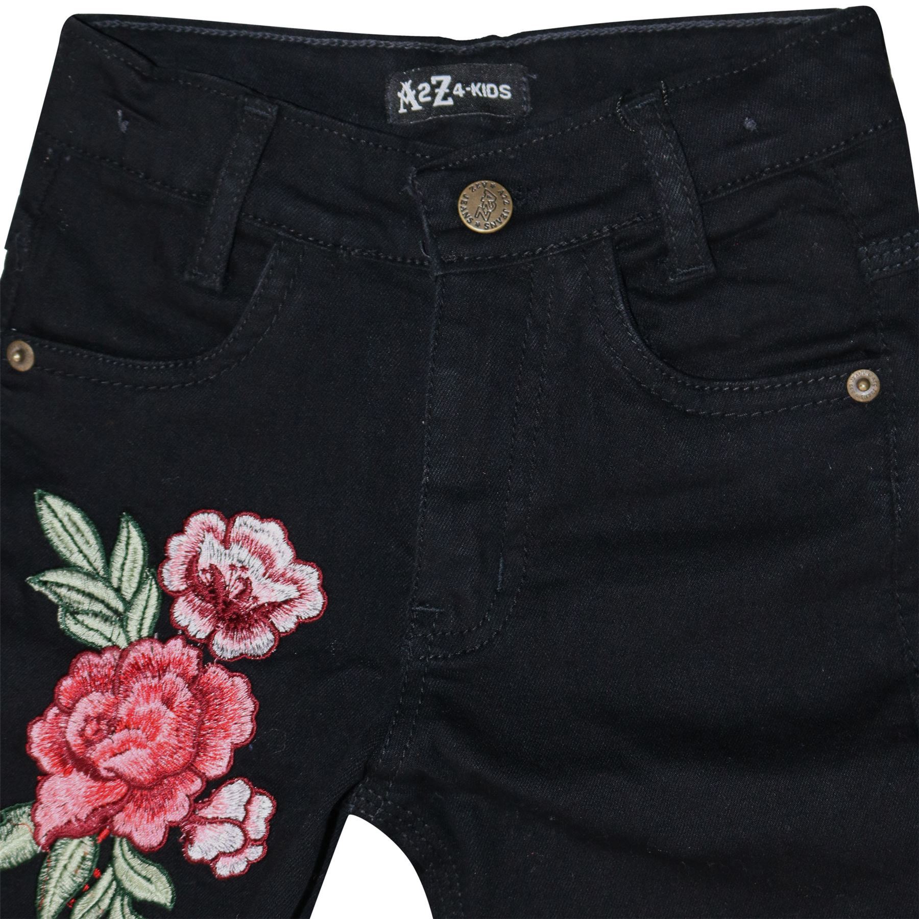 Kids Girls Stretchy Jeans Roses Embroidered Black Denim Pants Trousers Jeggings