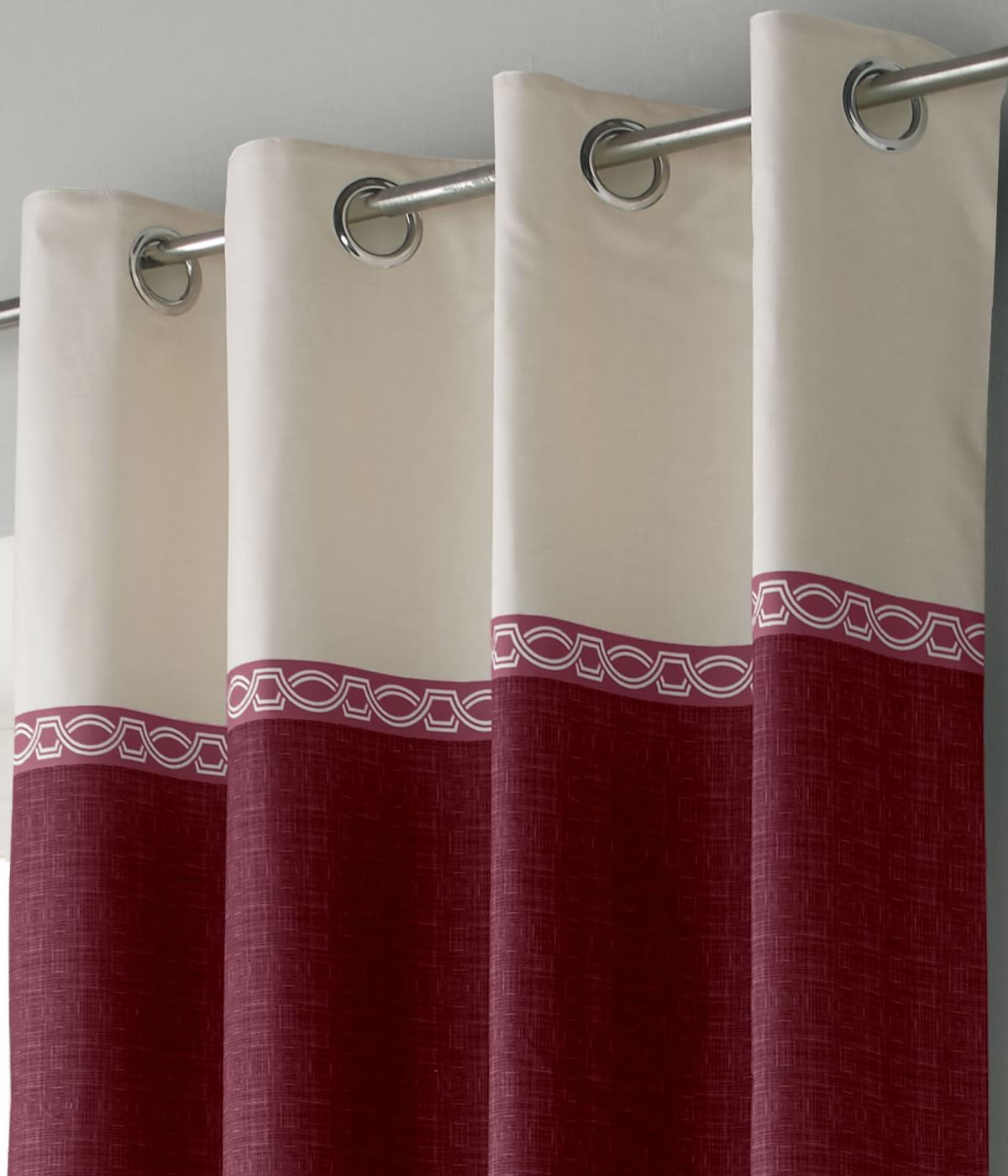 Red Eyelet Curtains Grey Geometric Modern Cotton Ready Made Lined Ring