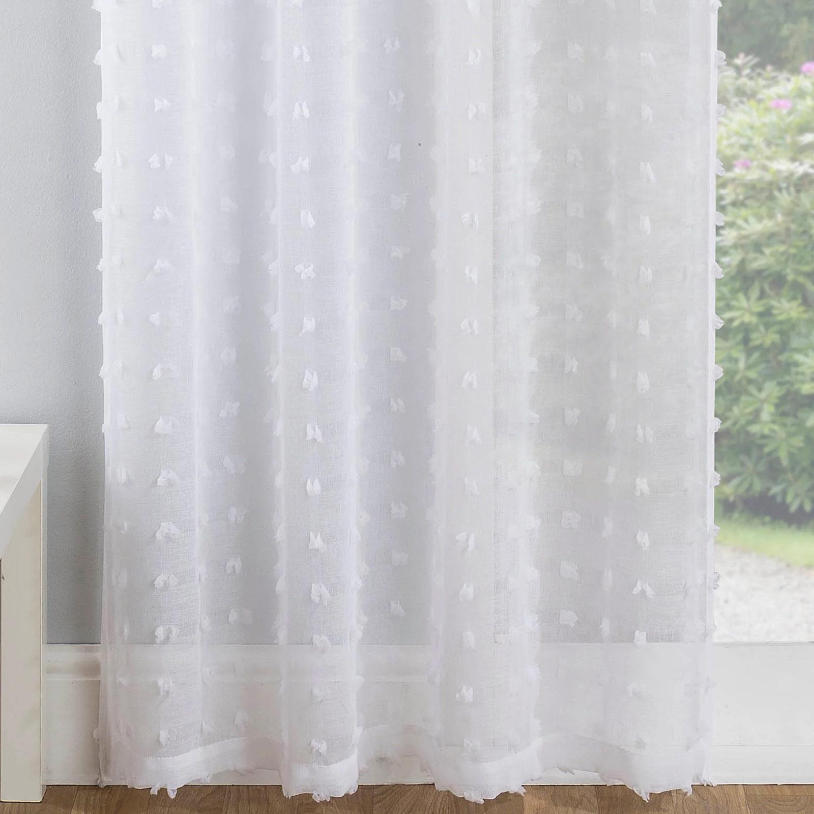 White Voile Panel Pom Pom Tufted Eyelet Curtains Boho Ring Top Sheer Voiles