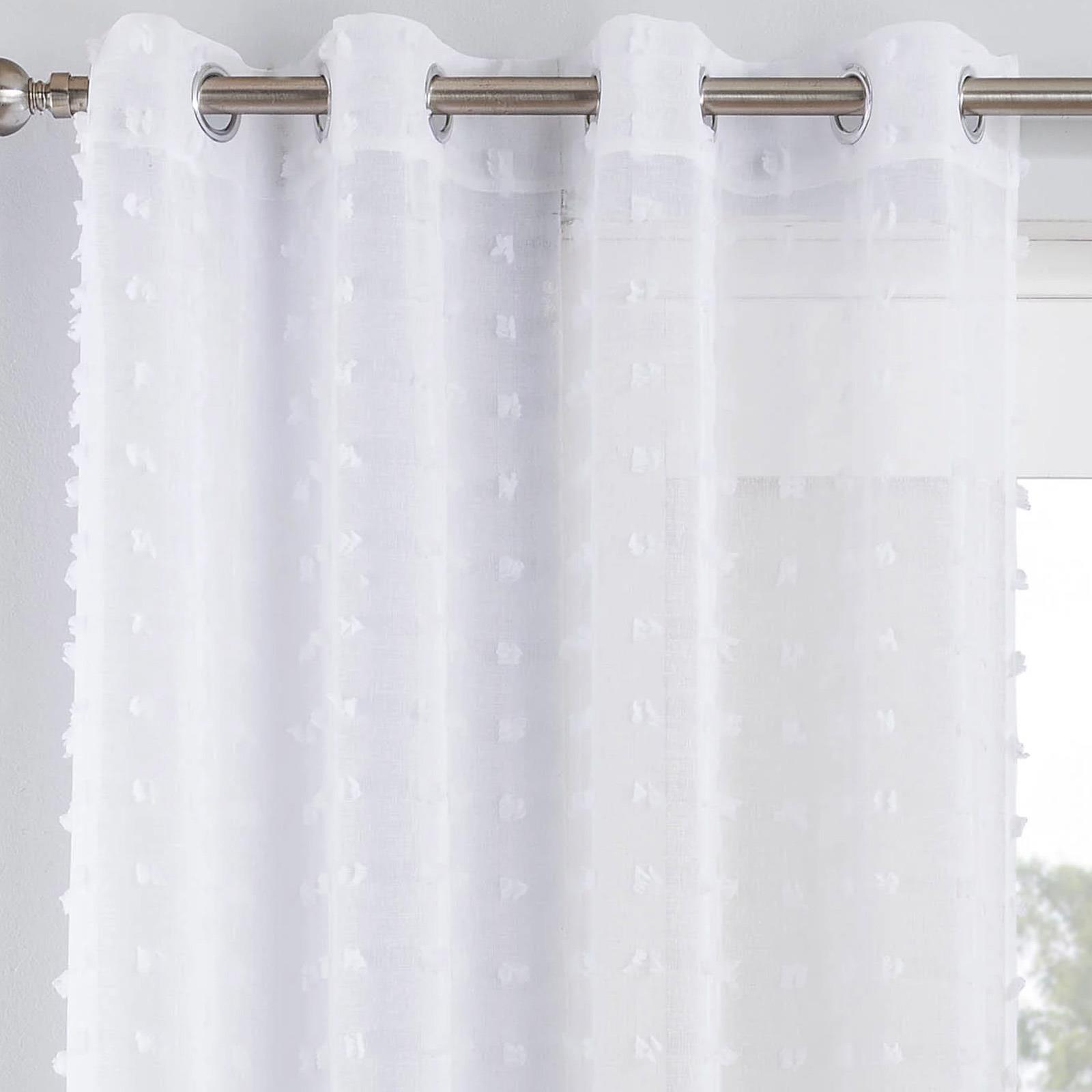 White Voile Panel Pom Pom Tufted Eyelet Curtains Boho Ring Top Sheer Voiles