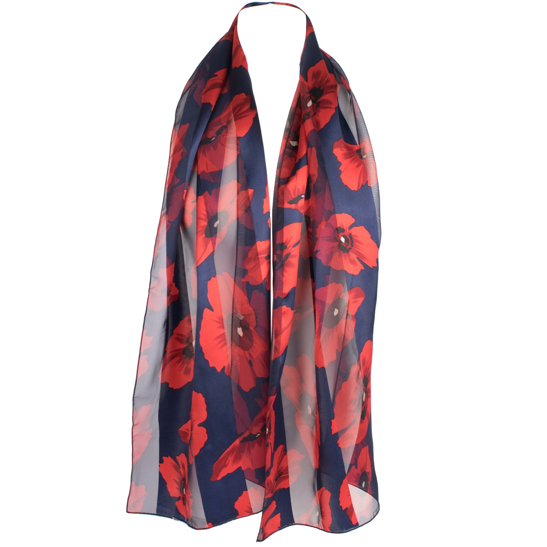 HatToSocks Poppy Print Floral Chiffon Satin Scarf Ideal for Remembrance Day