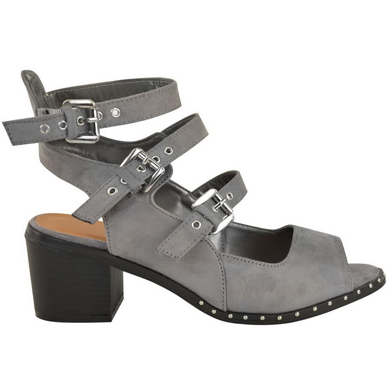 WOMENS LADIES MID BLOCK HEEL BUCKLE CUT OUT ANKLE STRAP SUMMER SANDALS SHOE SIZE