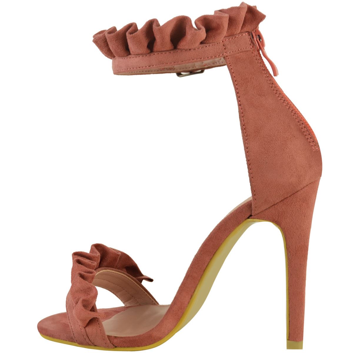 WOMENS LADIES HIGH STILETTO HEEL ANKLE STRAP RUFFLED UK PARTY SANDALS SHOES SIZE