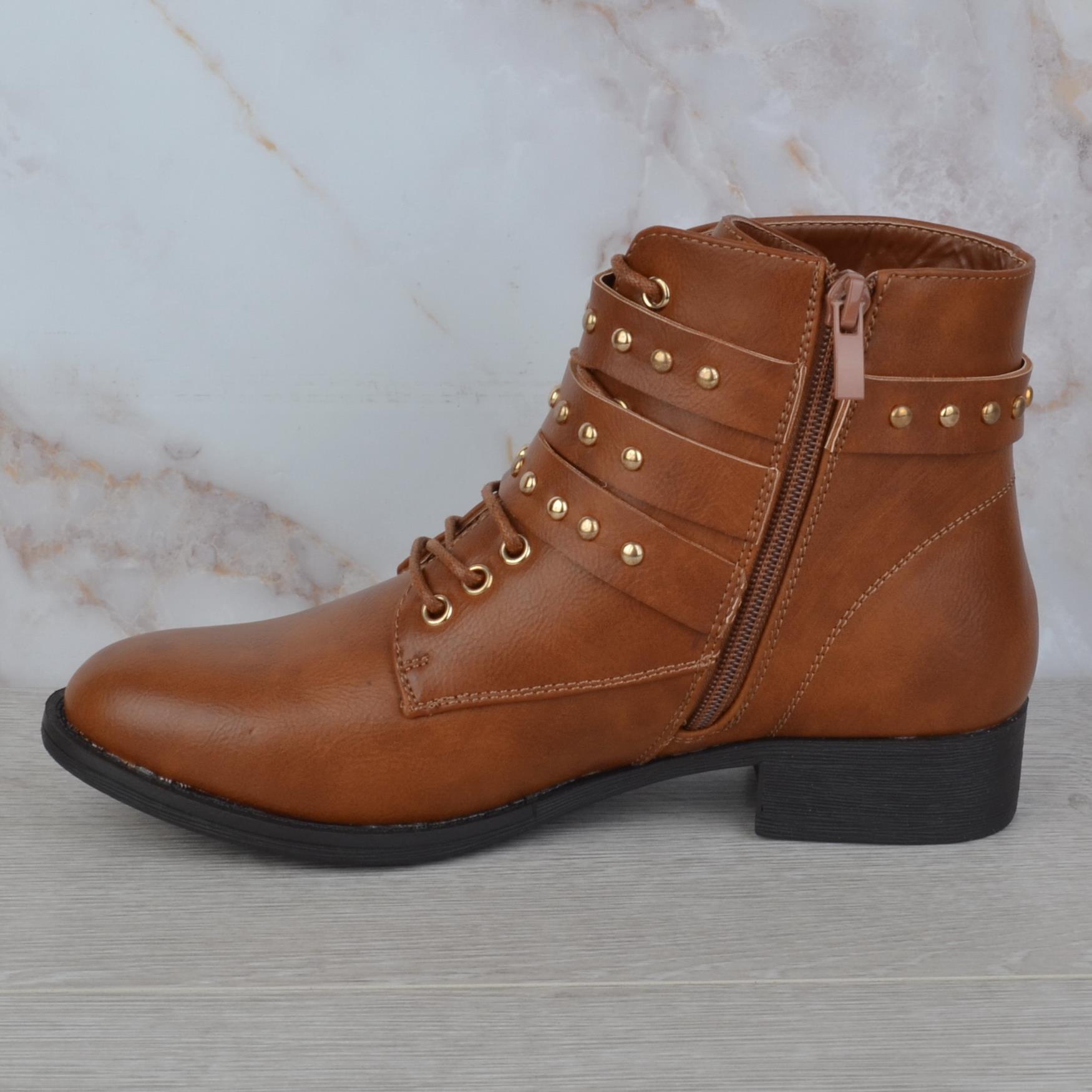Bottes Femme Plat Talon Bottier Bas et Rivets Boucle Fermeture Éclair Bottines Chelsea Taille
