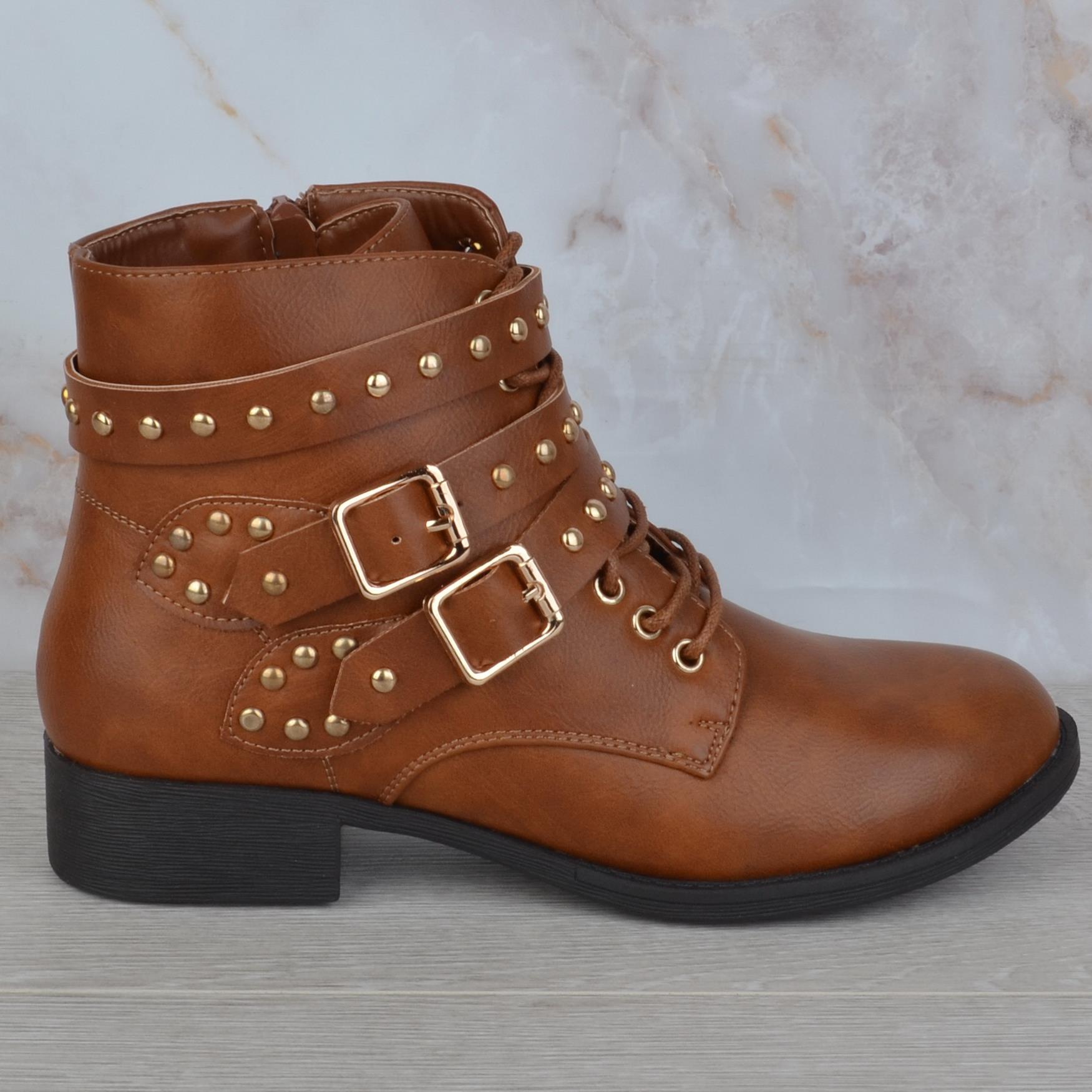 Bottes Femme Plat Talon Bottier Bas et Rivets Boucle Fermeture Éclair Bottines Chelsea Taille