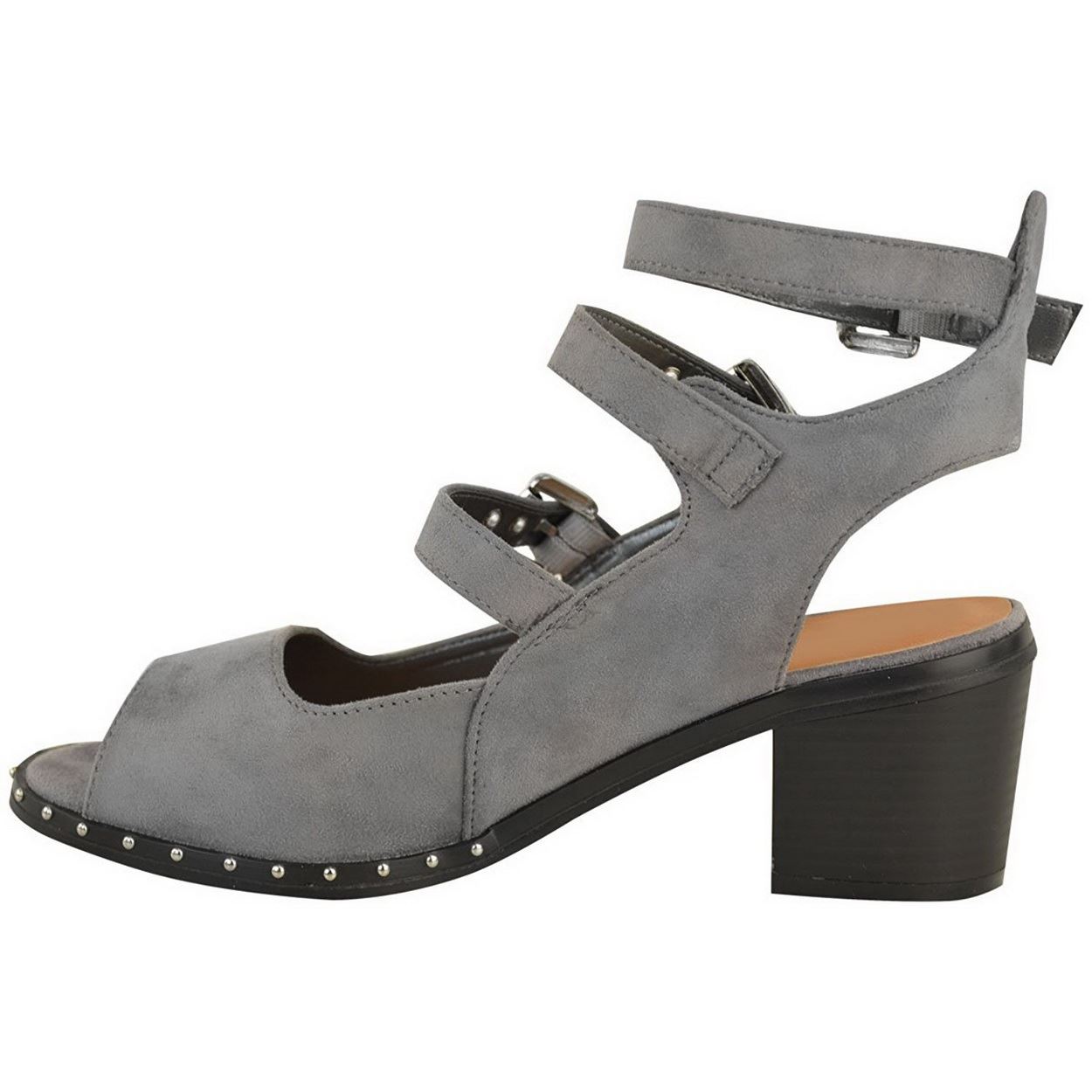 WOMENS LADIES MID BLOCK HEEL BUCKLE CUT OUT ANKLE STRAP SUMMER SANDALS SHOE SIZE