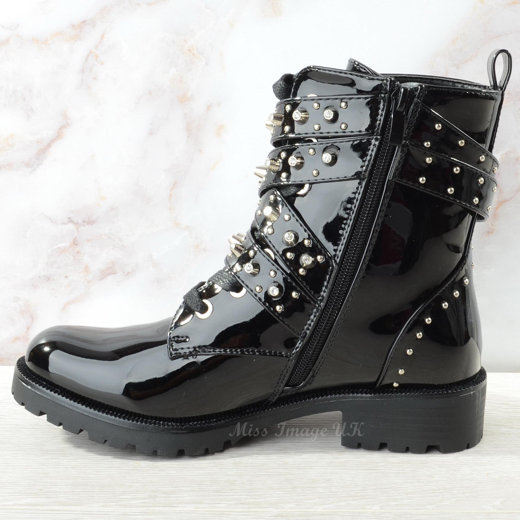 Womens Lace Zip Up Stud Ankle Biker Boots Womens Flat Low Heel Combat Shoes Size