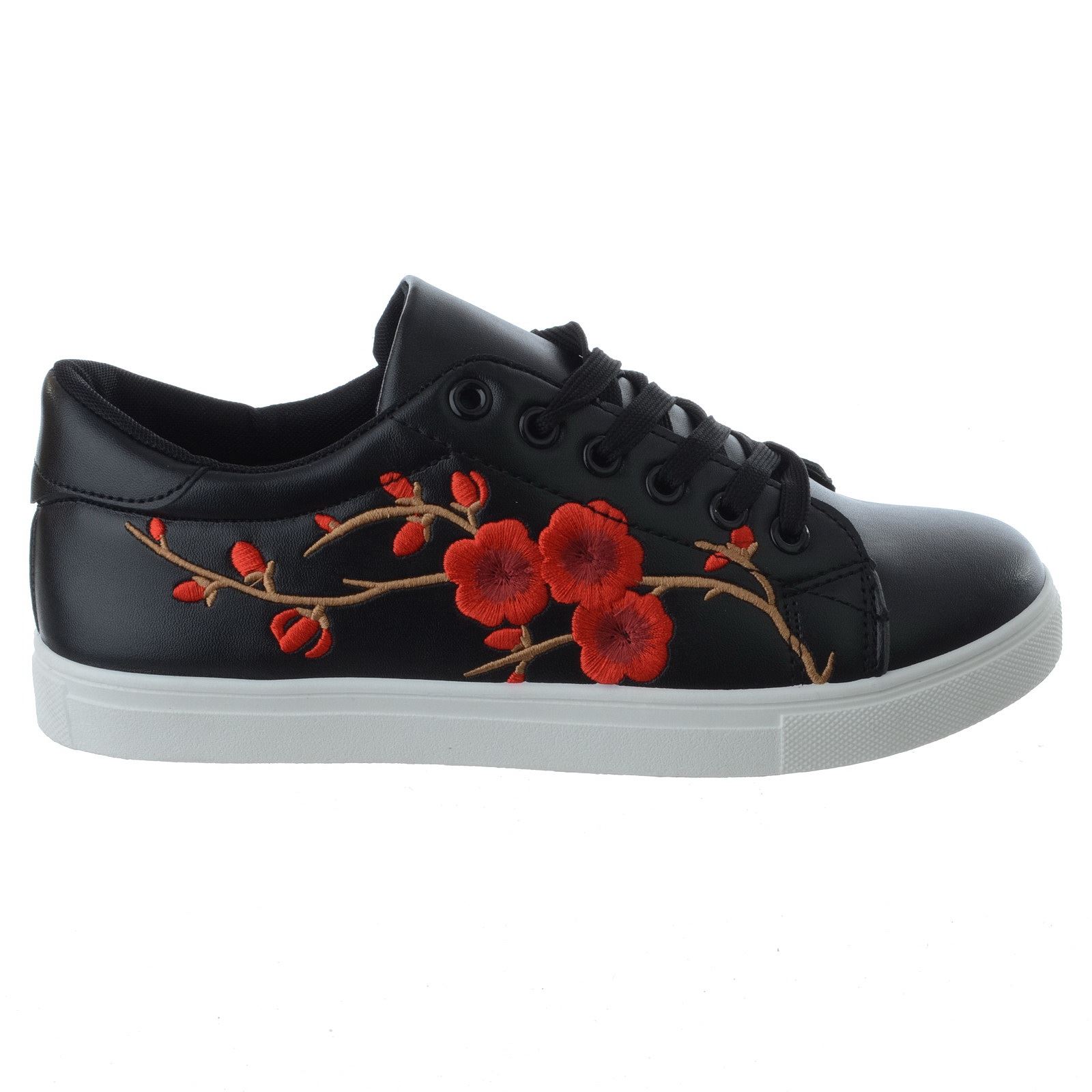 WOMENS LADIES NEW FLORAL EMBROIDERED LOW FLAT LACE UP LADIES TRAINERS PUMPS SIZE