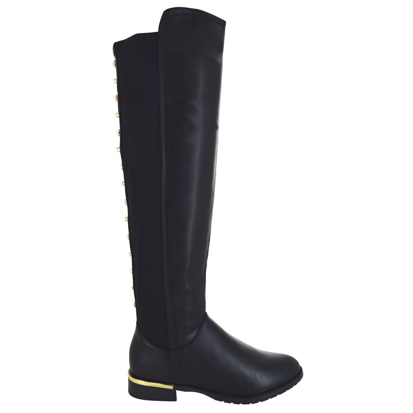 Ladies Womens Low Flat Block Heel Over the Knee High Stretch Stud Boots Size