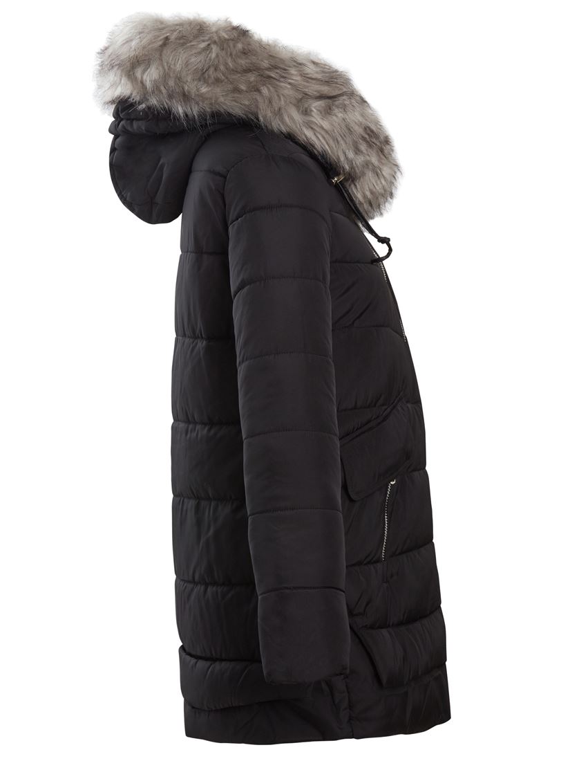Womens Size 12 8 10 Premium Faux Fur Padded Parka Coat Puffa Black