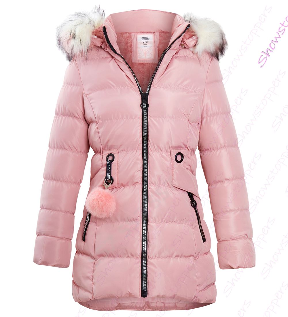 Girls Padded Coat Showerproof Parka Jacket Faux Fur Age 3 5 8 10 11 12 13 Black