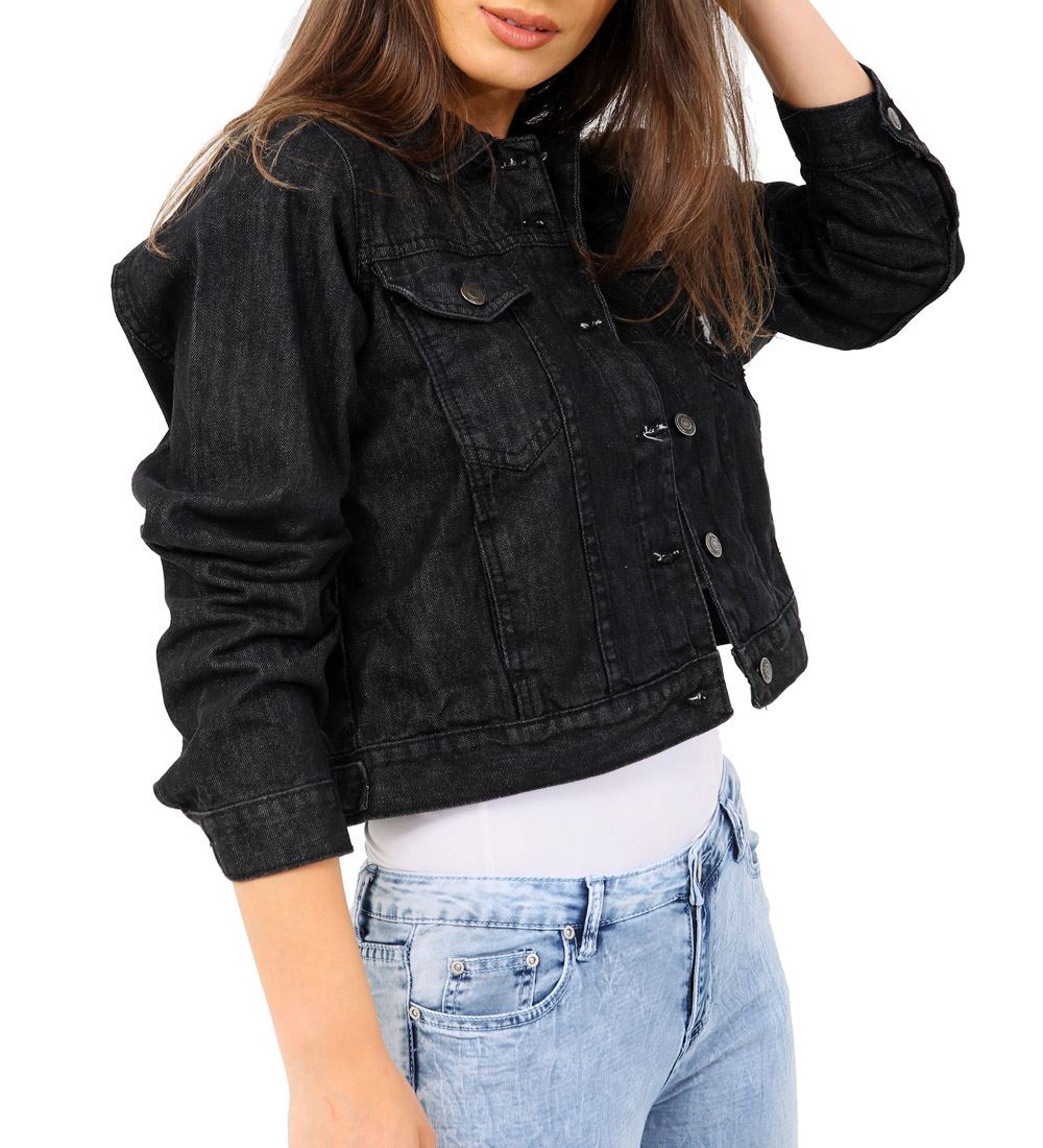 Womens Distressed Denim Jacket Comfort Fit Black Jean Jackets Size 6 8 10 12 14