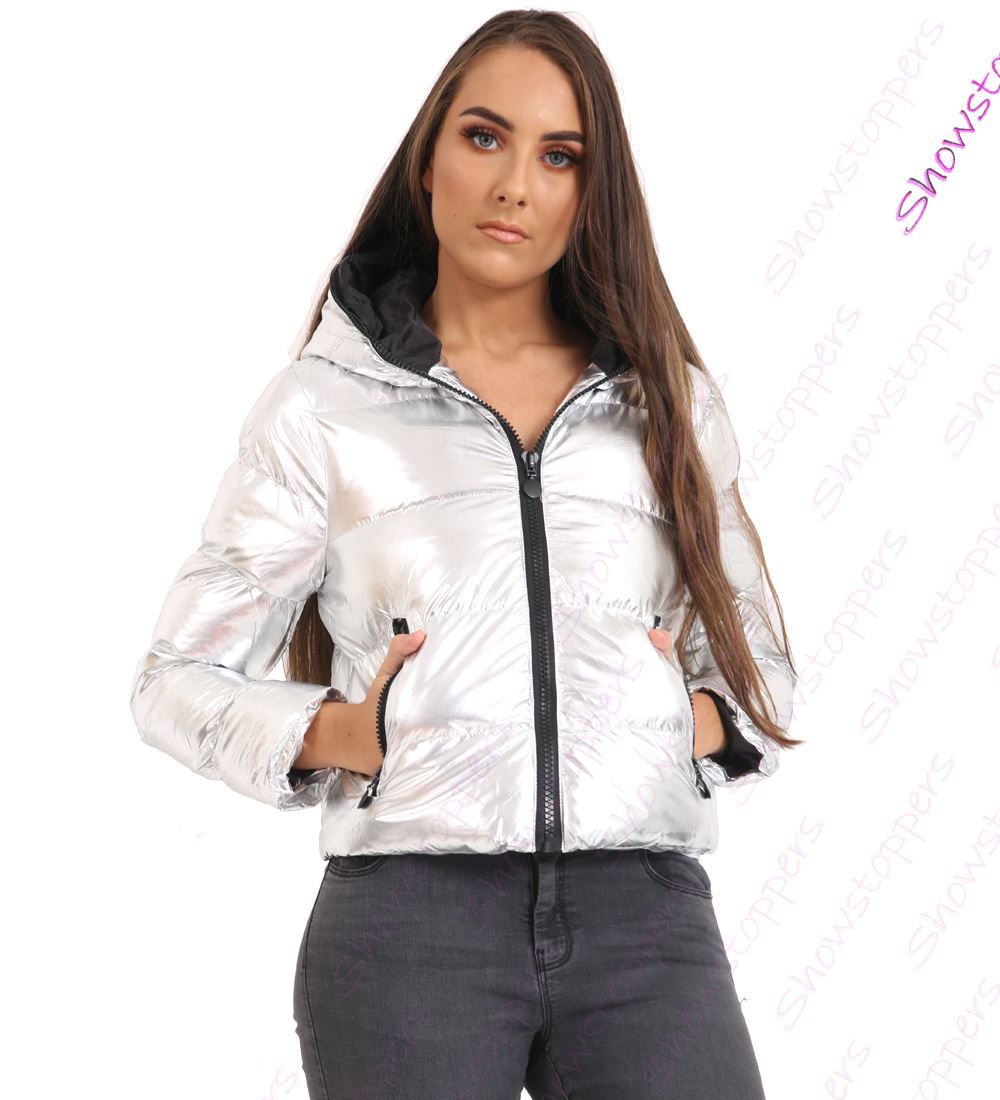 Womens Puffer Jacket Hooded Padded Metallic Silver Coat Size 8 10 12 14 16