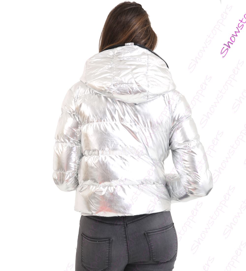 Womens Puffer Jacket Hooded Padded Metallic Silver Coat Size 8 10 12 14 16