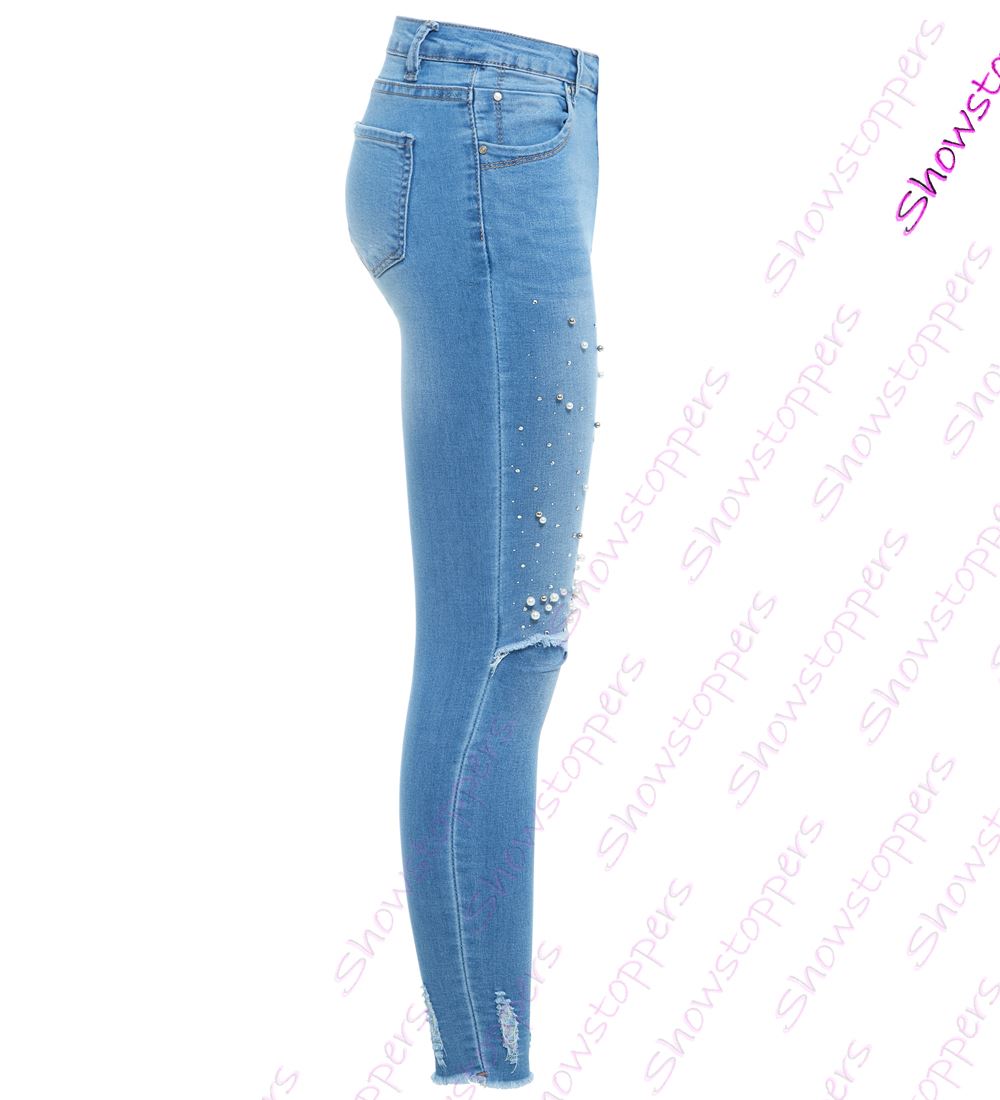 Womens Pearl Slim Fit Jean Denim Skinny Knee Rip Jeans Size 10 12 14 6 8 New