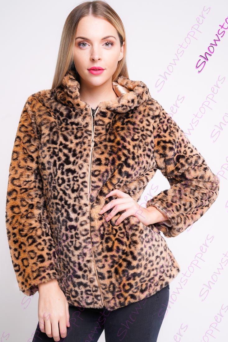 Da Donna in Finta Pelliccia Lussuosa Leopardo Cappuccio Giacca Taglia 8 10 12 14