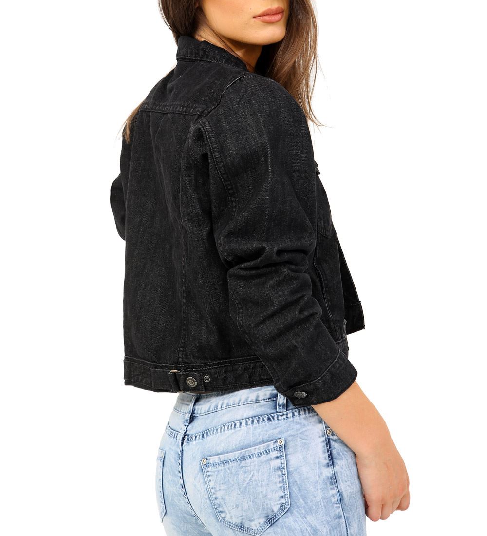 Womens Distressed Denim Jacket Comfort Fit Black Jean Jackets Size 6 8 10 12 14