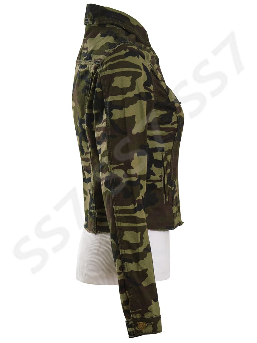 Womens Size 14 12 10 8 6 Fitted Denim Jacket Ladies Camo Army Jean Jackets Khaki