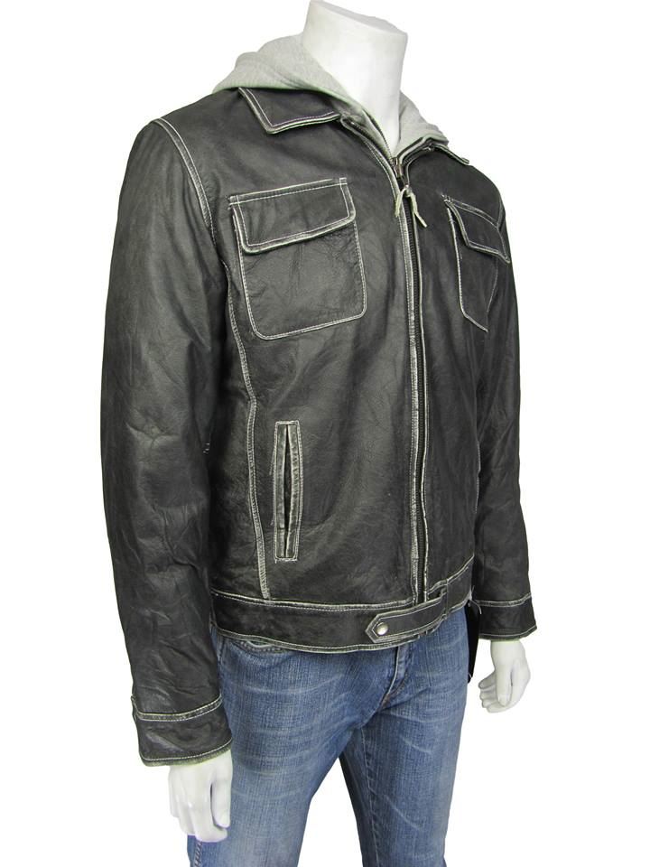 Nouveau Hommes Noir Gris Classique Vachette Mode Motard Veste en Cuir à capuche MOTO ROCK