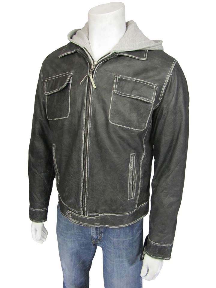 Nouveau Hommes Noir Gris Classique Vachette Mode Motard Veste en Cuir à capuche MOTO ROCK