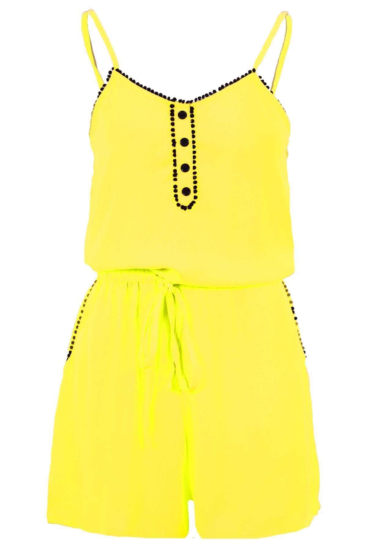 Ladies Sleeveless Strappy Pom Gathered Casual Tie Waist Cami Romper Playsuit
