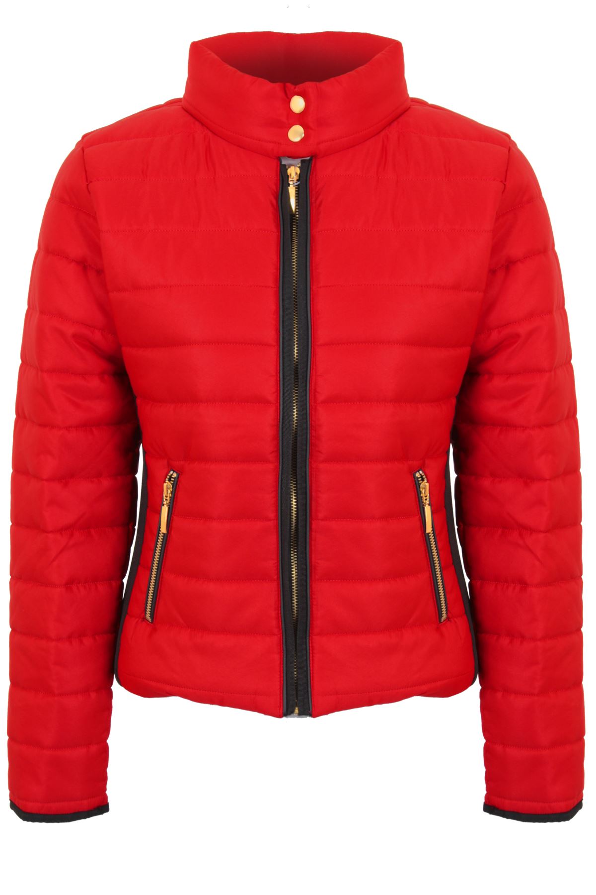 Womens Elastic Sides Quilted Padded Popper Collar Warm Lined Puffer Zipper Coat