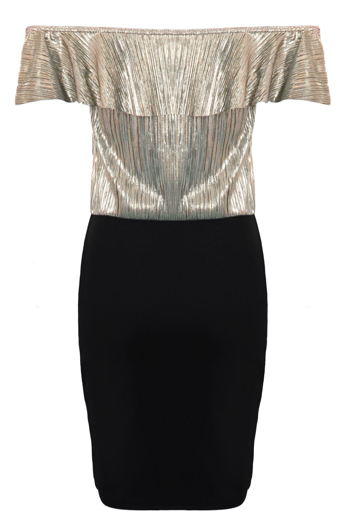 Ladies Ruffle Bardot Off Shoulder Metallic Crinkle Glitter TwoTone Bodycon Dress