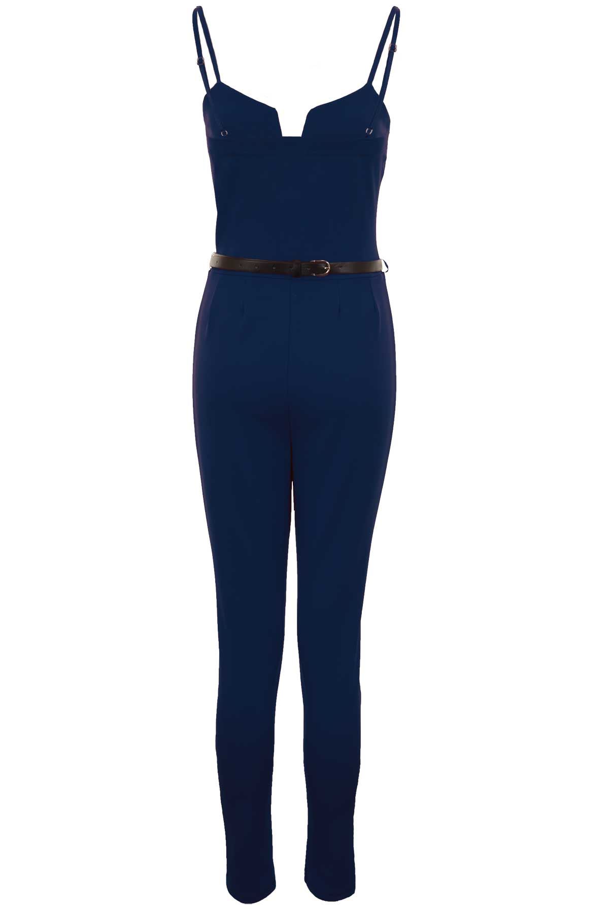 Ladies Square V Neck Sleeveless Strappy Gold Belted Crepe Smart Plain Jumpsuit
