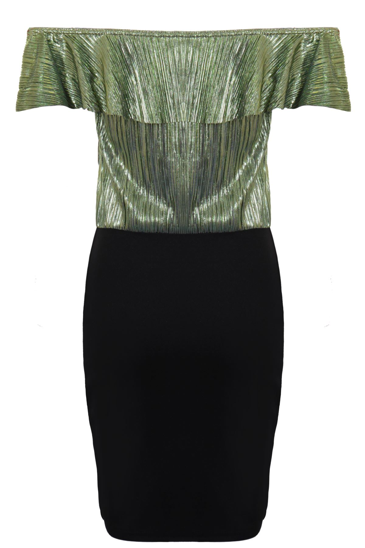 Ladies Ruffle Bardot Off Shoulder Metallic Crinkle Glitter TwoTone Bodycon Dress