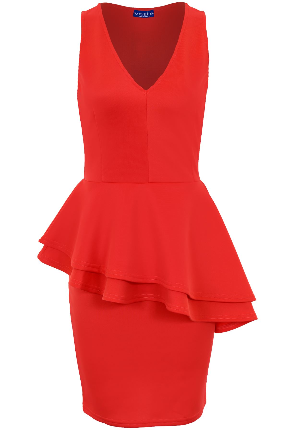 Women/'s Double Peplum Side Slanted Frill Sleeveless Ladies Bodycon Party Dress