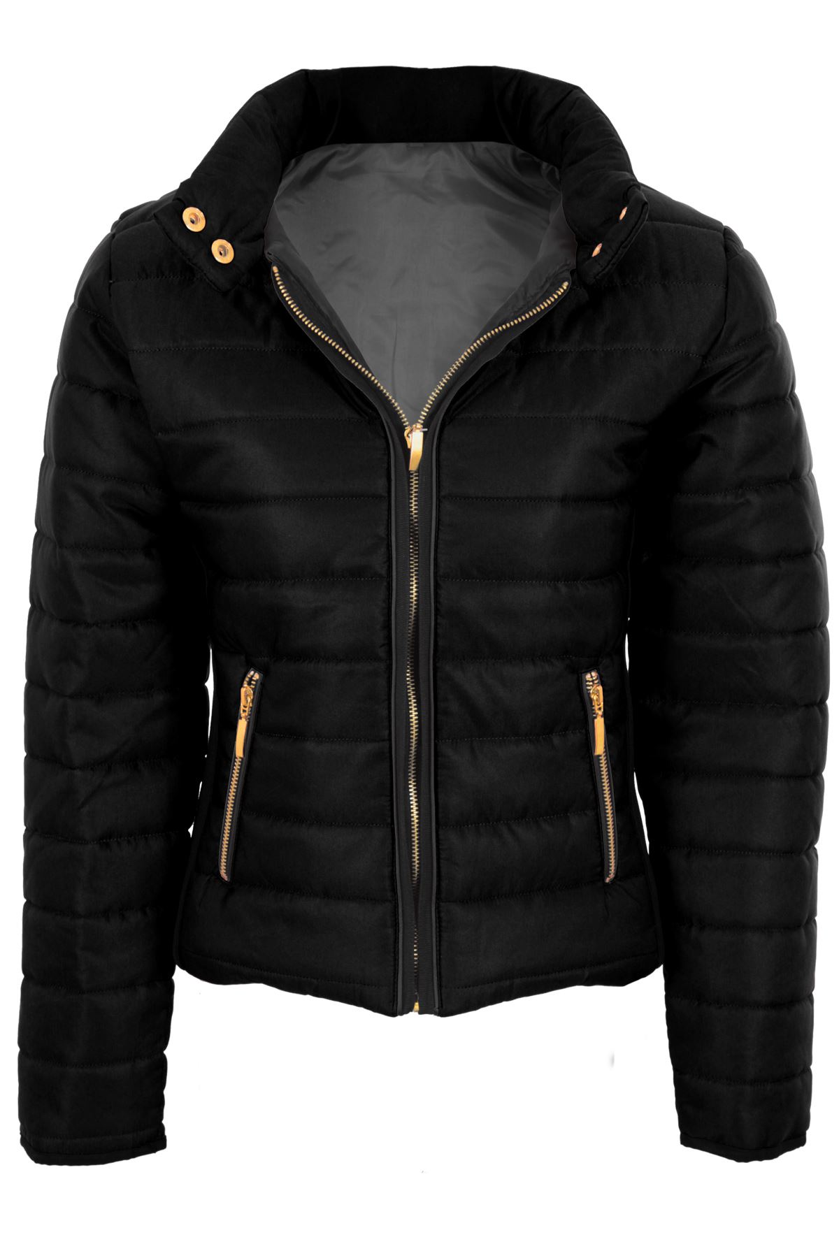 Womens Elastic Sides Quilted Padded Popper Collar Warm Lined Puffer Zipper Coat